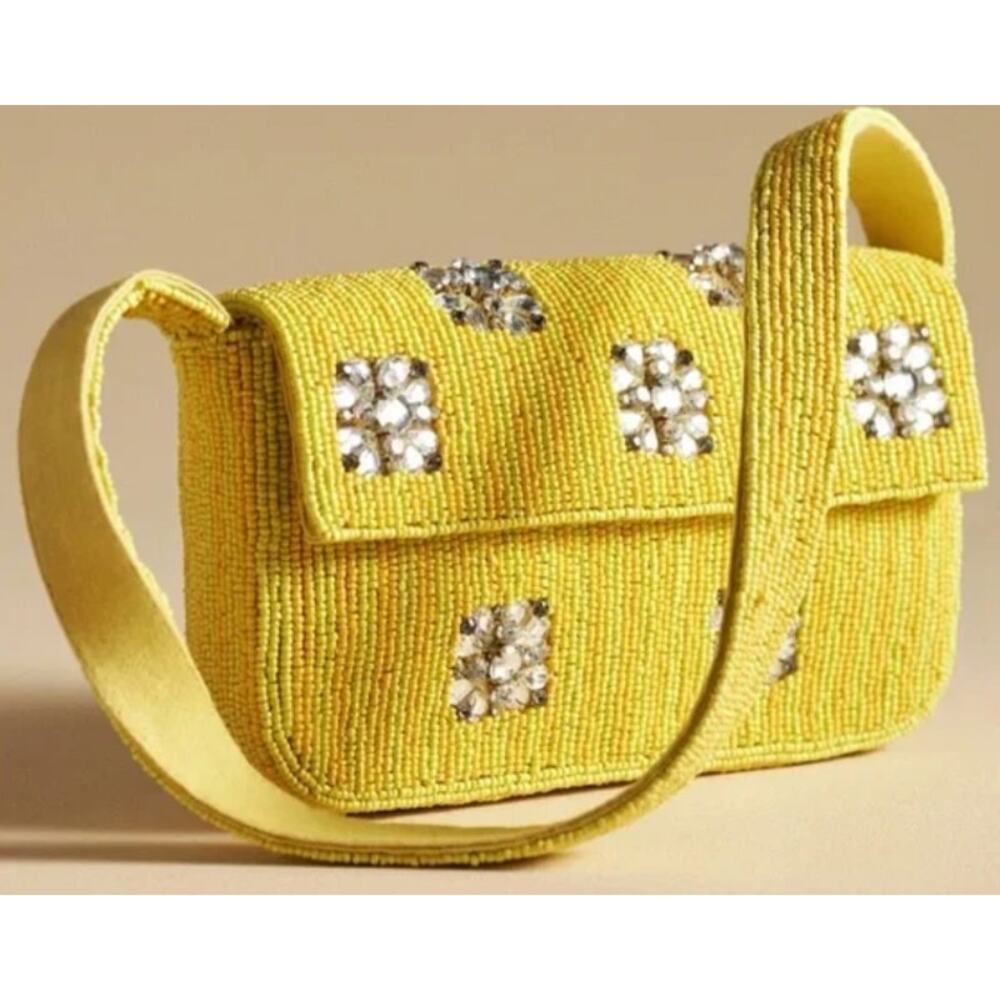 Anthropologie Fiona Beaded Yellow Silver Bag Geometric Edition NEW